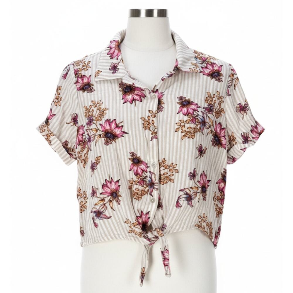Gypsies Moondust Shirt Size M Pink Floral Short Sleeve Tie Button Front Y2K